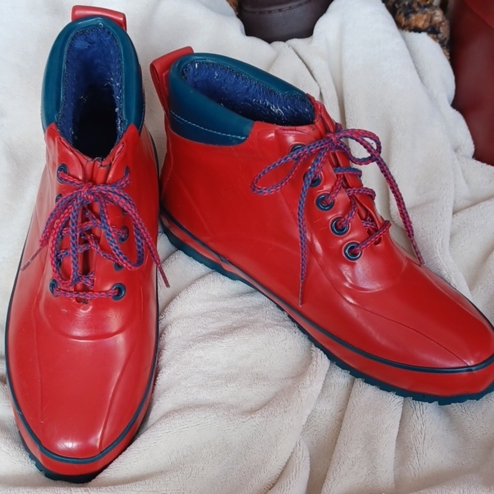 Eddie Bauer Rain Boots Women's 7M Red Rubber Insulated Lace Up Tie Blue & Red